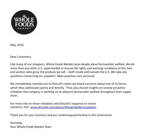 whole foods company letter farm workers