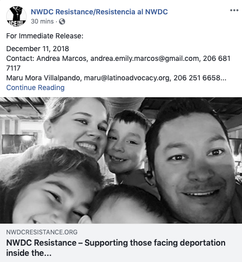 Image of 12/11/18 NWDC Resistance Press Release FB post 